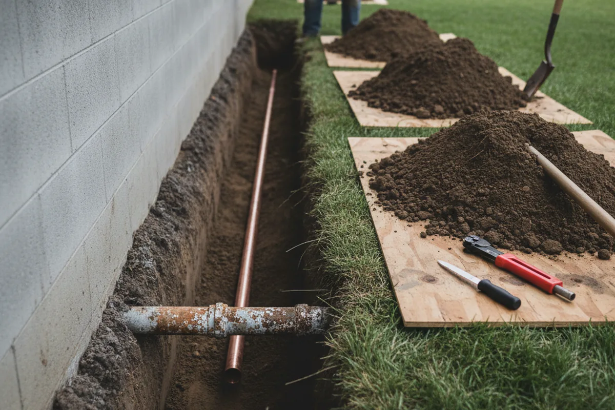 Excavated water line trench during Sewer Line Repair in Belding